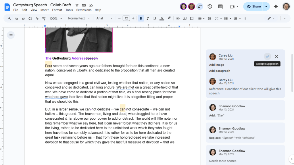 screenshot of suggestion cards next to document in google docs