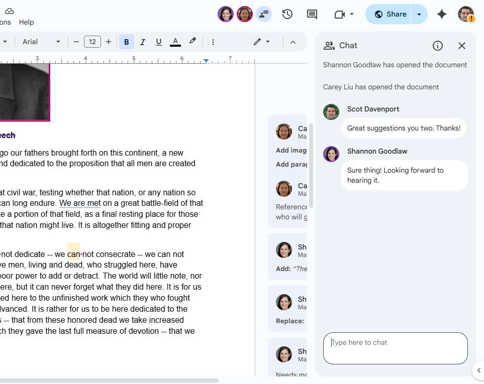 screenshot of chat panel open to right of document in google docs