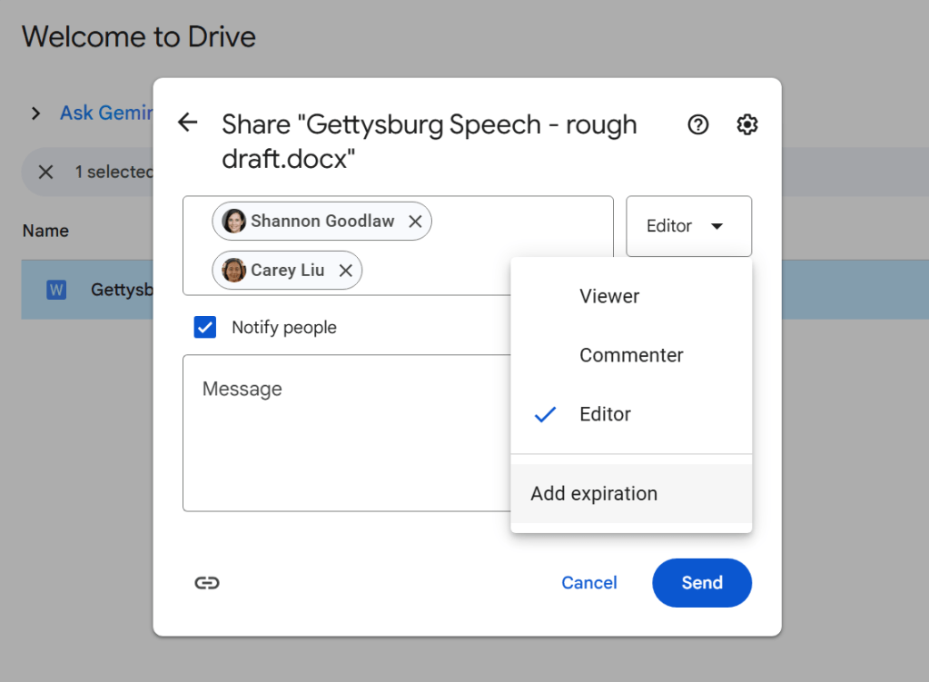 screenshot of google drive share pane with two invitees added and permissions menu open