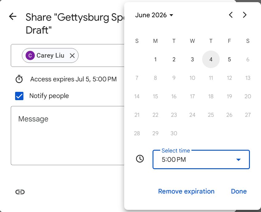 setting a date and time when a person's access to a shared doc will expire in google docs