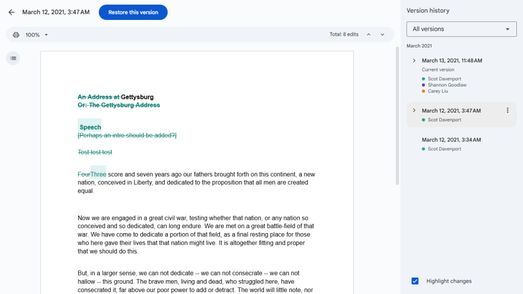 screenshot of google docs with version history panel to right of document
