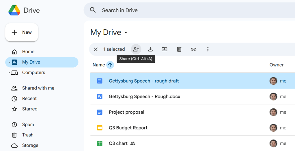 screenshot of my drive page in google drive with a document selected and share button highlighted