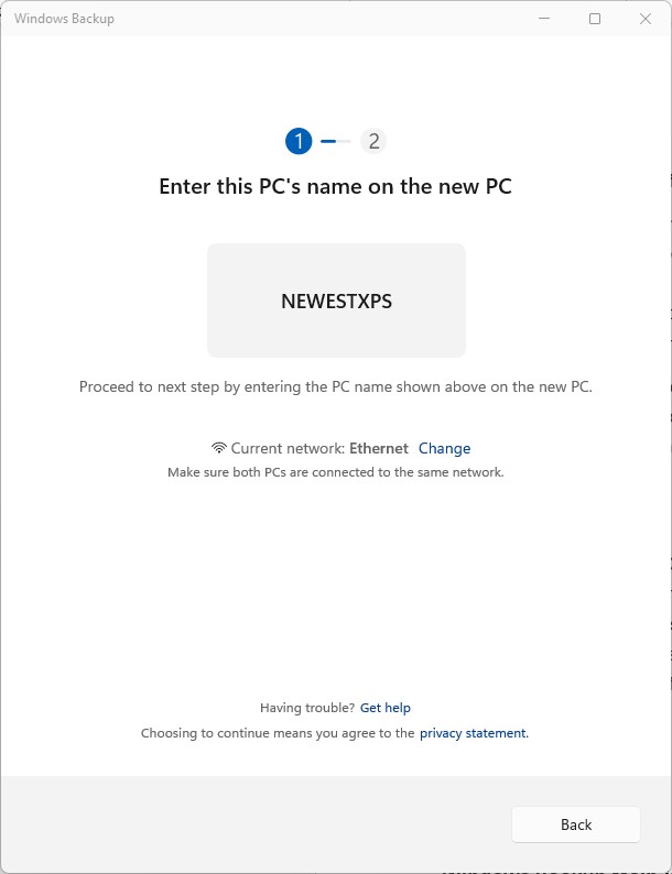 screen showing name of old pc for pairing with new pc