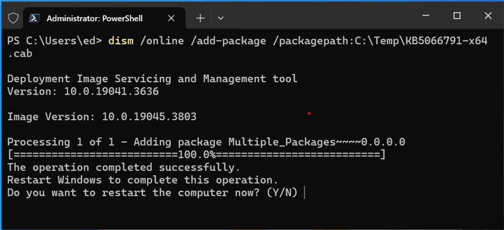 powershell window with dism add-package command