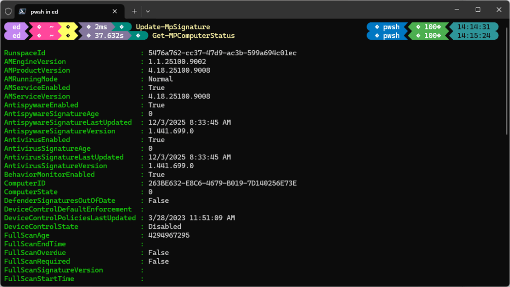 powershell window with update-mpsignature command results