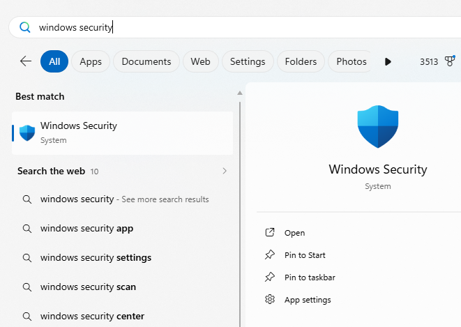 windows 11 start menu with windows security app in search results