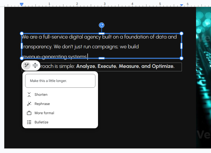 text on a slide selected with refine menu appearing below
