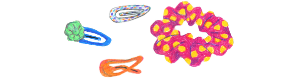 An illustration of a scrunchie, and three snap hair clips.