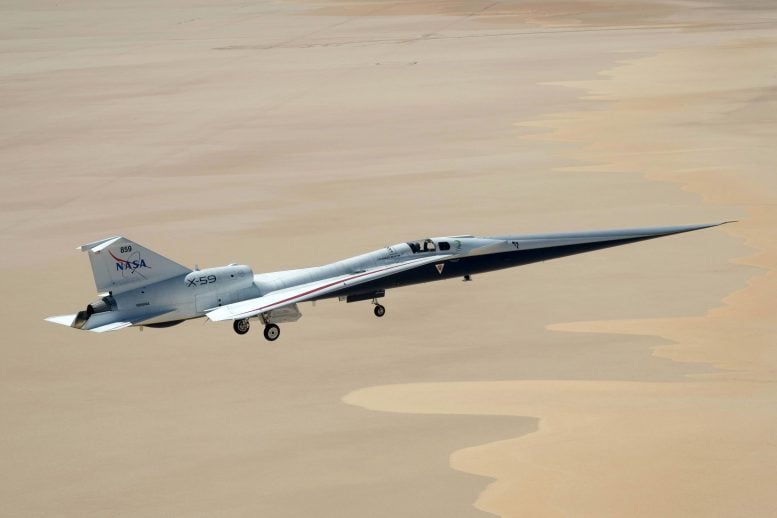 NASA X-59 Quiet Supersonic Research Aircraft Flies Over Rogers Dry Lake